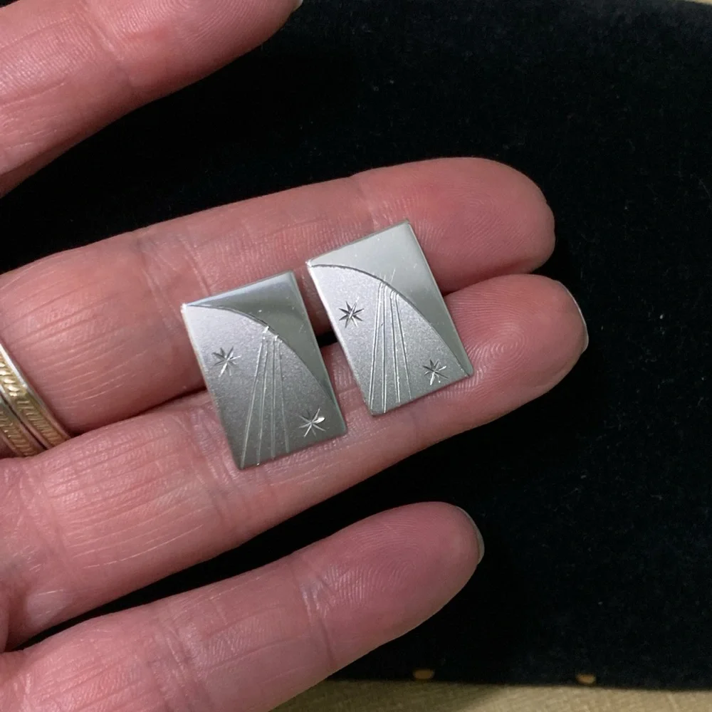 Vintage Sterling Silver brushed/high polish starburst rectangular cuff links